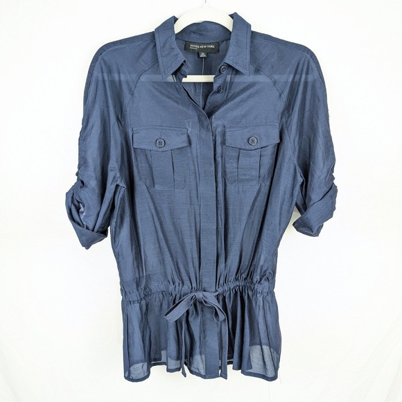 Jones New York MP Navy Blue Roll Sleeve Shirt Coquette Preppy Cottagecore Blouse - Picture 1 of 9